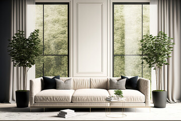Contemporary luxury interior background with panoramic windows and a view of the outdoors, plants, a mock up of a classic panel wall, and a beige sofa. living room design with a sizable white window