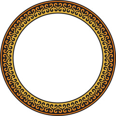 Vector orange and black Kazakh national round pattern, frame. Ethnic ornament of the nomadic peoples of Asia, the Great Steppe, Kazakhs, Kirghiz, Kalmyks, Mongols, Buryats, Turkmens