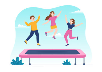Obraz premium Trampoline Illustration with Youth Jumping On a Trampolines in Hand Drawn Flat Cartoon Summer Outdoor Activity Background Template