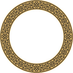 Vector gold and black Kazakh national round pattern, frame. Ethnic ornament of the nomadic peoples of Asia, the Great Steppe, Kazakhs, Kirghiz, Kalmyks, Mongols, Buryats, Turkmens