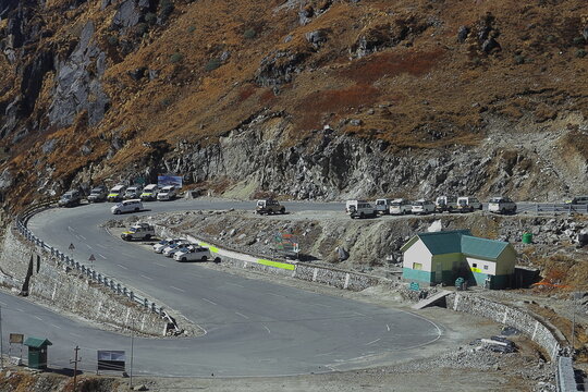 strategic border road to developing infrastructure along the sino indian border (india china border). line of actual control at nathu la pass near doklam, sikkim in india