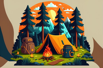 Campfire, tent, and rucksack for summer. Mountain, woodland, and campground in a cartoon setting. trekking and travel equipment in a flat manner. Generative AI