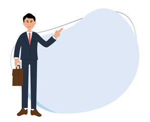 illustration of smiling man showing hand at direction. close up portrait of cartoon businessman, isolated on white background