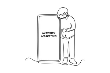 Single one line drawing boy pointing to smartphone and enthusiastic to learn about network marketing business. Marketing Concept. Continuous line draw design graphic vector illustration.