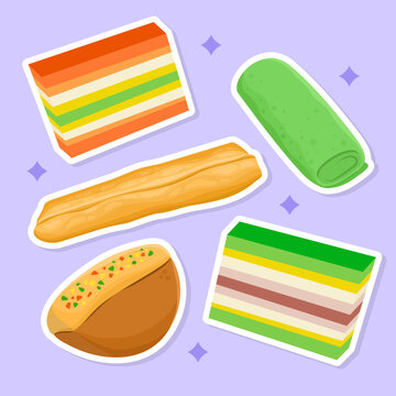 Illustration of delicious traditional Indonesia cakes snacks jue lapis kue pukis dadar gulung snacks sticker set collection vector design