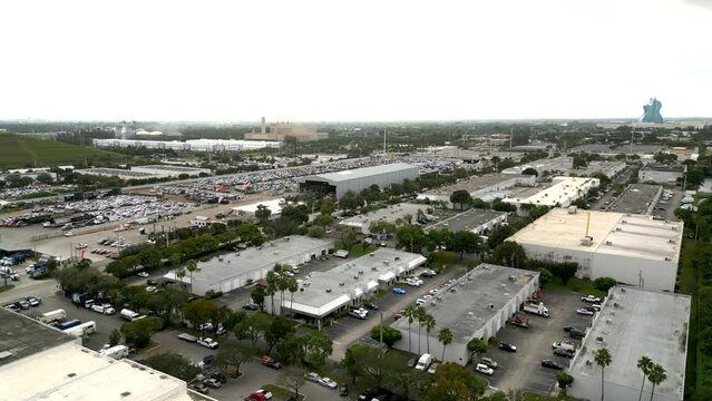 Commerce park businesses and warehouses. Aerial drone video