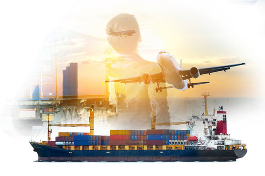 Transport of cargo planes and container ships. industrial logistics business import and export Global business and transportation concept modern city background