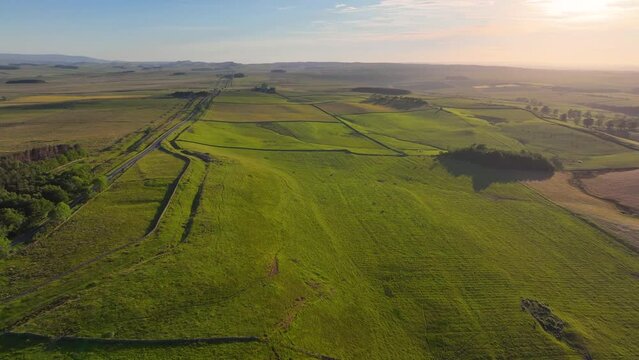 Black Carts Turret aerial view on Hadrian's Wall ruin near village of Chollerford in town of Hexham in England, UK. 
