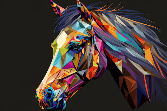 A horse's head in abstract geometric form. vibrant in the popart WPAP fashion. editable in . Generative AI