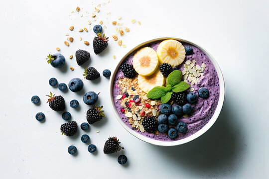 Muesli, an acai blueberry smoothie, and fruits for breakfast on a white backdrop. notion of healthy food. close up, top view, and a flat lay. Generative AI
