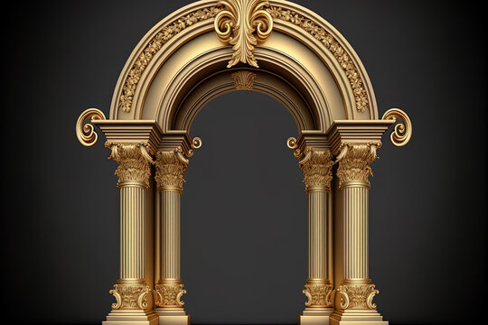 columns and a golden luxury classic arch. the baroque style portal. The fairy palace's entryway. Generative AI