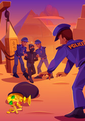 Police arrest trapped tomb robber with sack full of treasures in Egyptian desert. Cartoon vector illustration of cops catching male criminal on black clothes, desert landscape with ancient pyramids