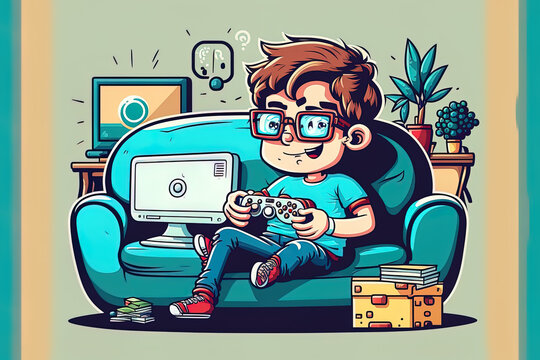 game design idea. Nerd Larry is sitting on the sofa and playing video games. illustration. Generative AI