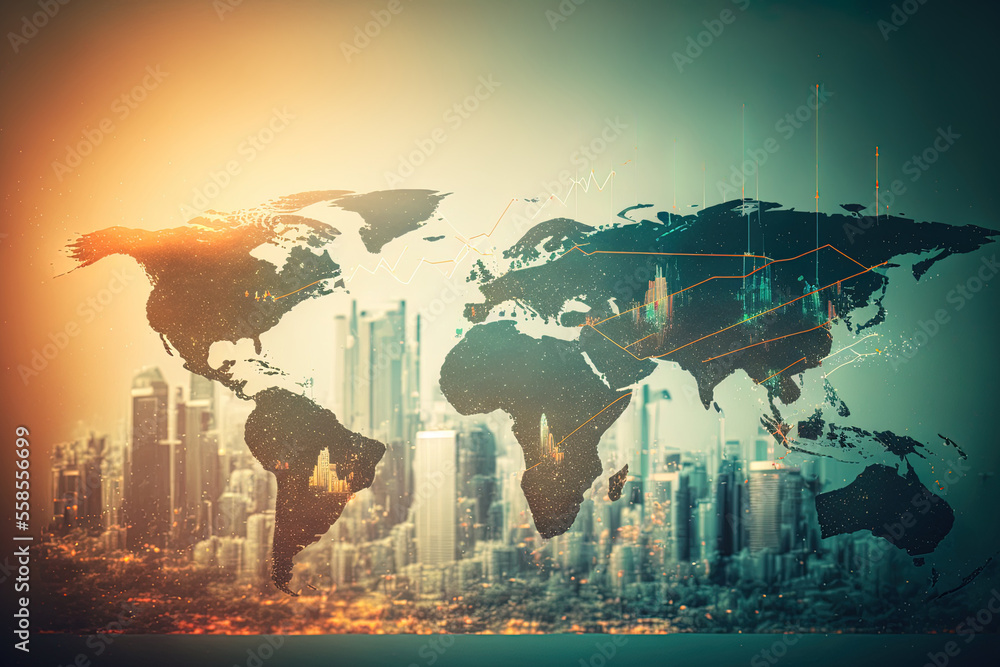 Poster world map and an abstract, creative financial chart hologram in double exposure over a backdrop of a