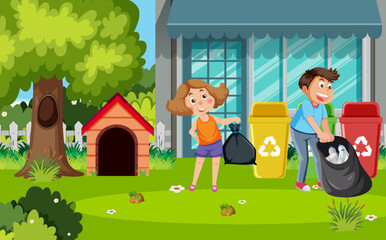 Kids collecting garbage outdoor scene