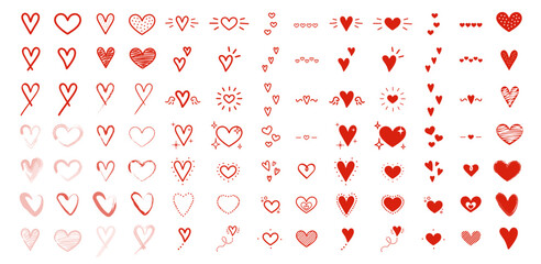 Set de ilustraciones decorativas dibujadas a mano de corazones en color rojo para San Valentin. Vector 