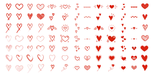 Fotobehang Set de ilustraciones decorativas dibujadas a mano de corazones en color rojo para San Valentin. Vector  © Cosllati