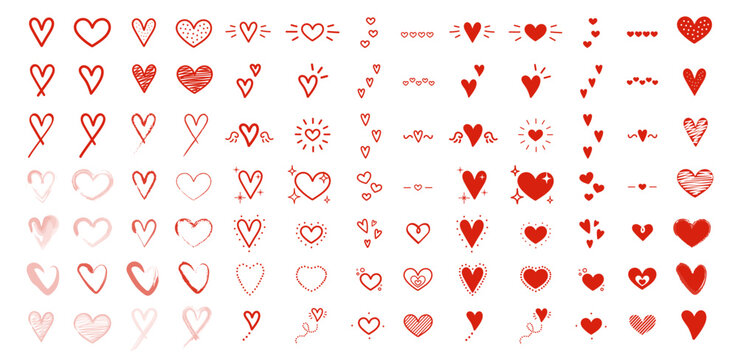 Set de ilustraciones decorativas dibujadas a mano de corazones en color rojo para San Valentin. Vector	