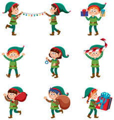 Christmas elves cartoon characters set