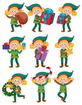Christmas elves cartoon characters set