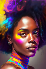 colorful portrait of a beautiful woman, body painted, colorful make up