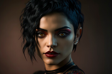 beautiful 80s mexican girl goth makeup and short black hair