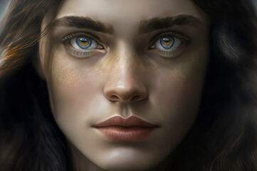 face of a model closeup, beautiful girl, headshot, long beautiful flowing ink like hair