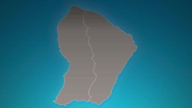 french Guiana country map with zoom in Realistic Clouds Fly Through. camera zoom in sky effect on french Guiana map. Background Suitable for Corporate Intros, Tourism, Presentations.