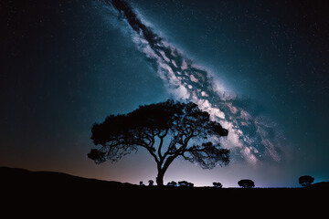 Fototapeta na wymiar grainy long exposure shot of the milky way and a tree silhouette. Generative AI