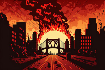 City under flames, conflict destroying bridge of flaming buildings. Generative AI