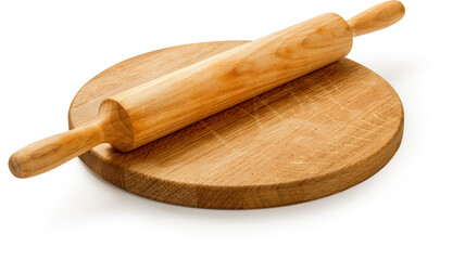 Rolling pin on wooden round board isolated. Rolling pin with board on white background.