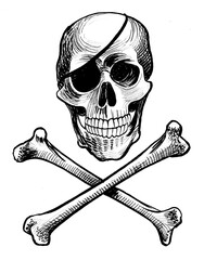 Pirate skull with eye patch and crossed bones. Ink black and white drawing