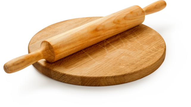 Rolling pin on wooden round board isolated. Rolling pin with board on white background.