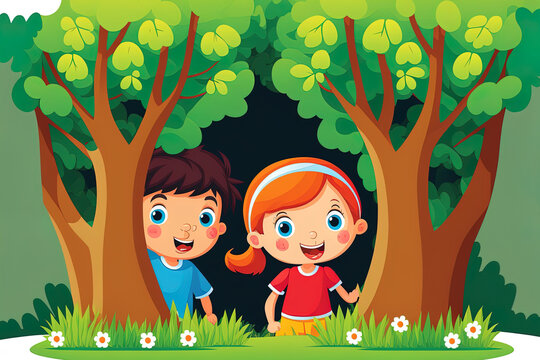 Children playing hide and seek in a park are shown in a cartoon. Generative AI