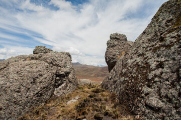 Stone forest in the Andean Cordillera of Peru (Marcavalle, Junin). Concept of nature and landscapes.