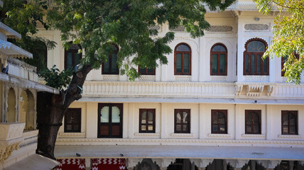 Obraz na płótnie Canvas Udaipur, Rajasthan, India 1st January 2023: Udaipur City Palace Famous romantic luxury Rajasthan and Indian iconic tourist landmark. Majestic Interiors of City Palace made by Mewar dynasty Rajputs.