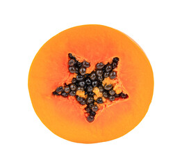 Piece of ripe papaya fruit with seeds on transparent png