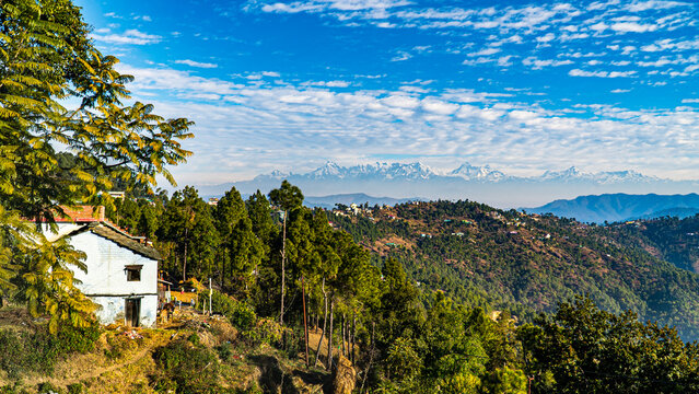 Panoramic beautiful view of mount Trisul, Nanda Devi with the beautiful sky on the way to Binsar, Kasardevi, Almora Uttarakhand 