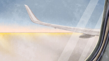 飛行機の窓から見る景色手描き水彩風イラスト