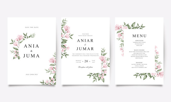Beautiful wedding invitation template with pink watercolor flowers
