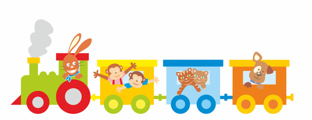 A train, a locomotive and three wagons with animals, hare, monkeys, cats and dog, happy vector illustration