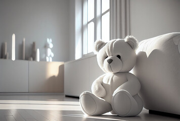 white teddy bear sitting in living room, generative ai.