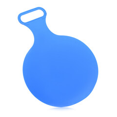 Children's plastic blue sled isolated on a white background. Sleds for skiing downhill in winter. Children's toys. Slide board
