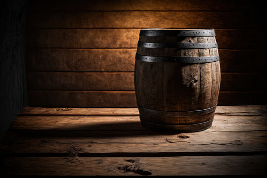 backdrop of a barrel and a weathered, ancient wood table. Generative AI