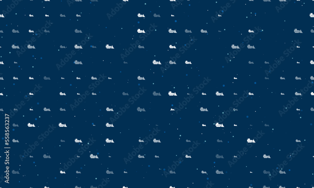 Poster seamless background pattern of evenly spaced white bulldozer symbols of different sizes and opacity.