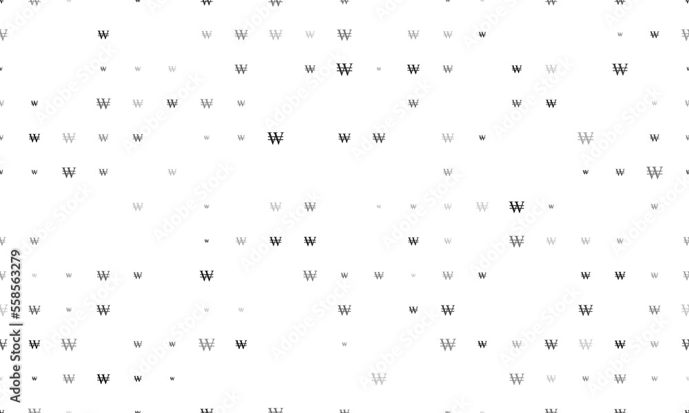 Poster seamless background pattern of evenly spaced black korean won signs of different sizes and opacity. 