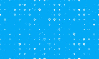Seamless background pattern of evenly spaced white fire protection symbols of different sizes and opacity. Vector illustration on light blue background with stars