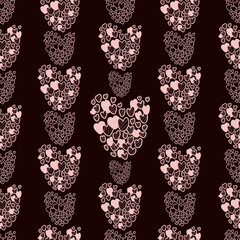 Seamless pattern of pink hearts doodle on black background. Vector illustration. Endless background for valentines, wallpapers, packaging, textile, printing, design.