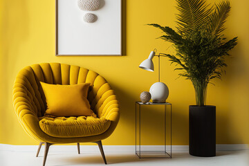 With a yellow wall texture background and a minimalist living room decor and furniture mockup. Generative AI