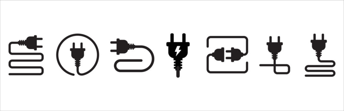 Electric power plug icon set. Electricity wire cord sign. Electrical symbol element. Vector stock illustration.
